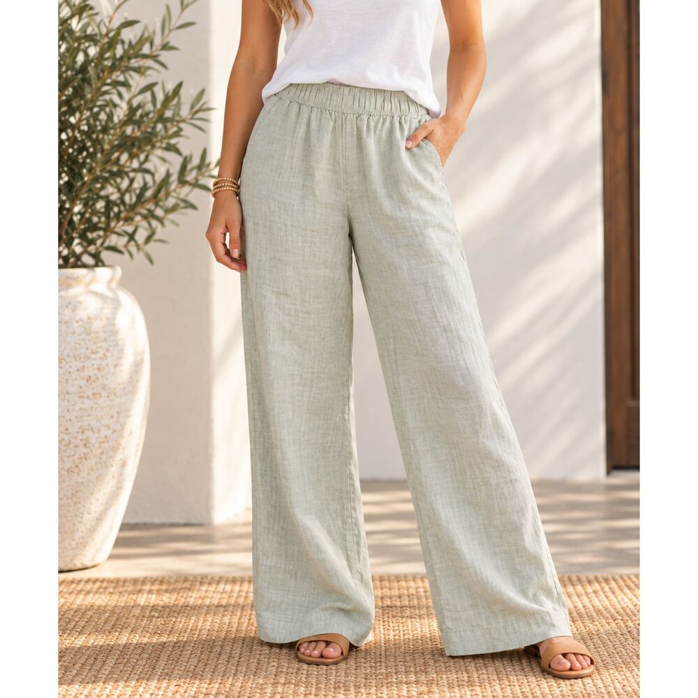 Tahari 100% Linen Wide Leg Pants Women’s XL Light Sage Green Pull-On Coastal
